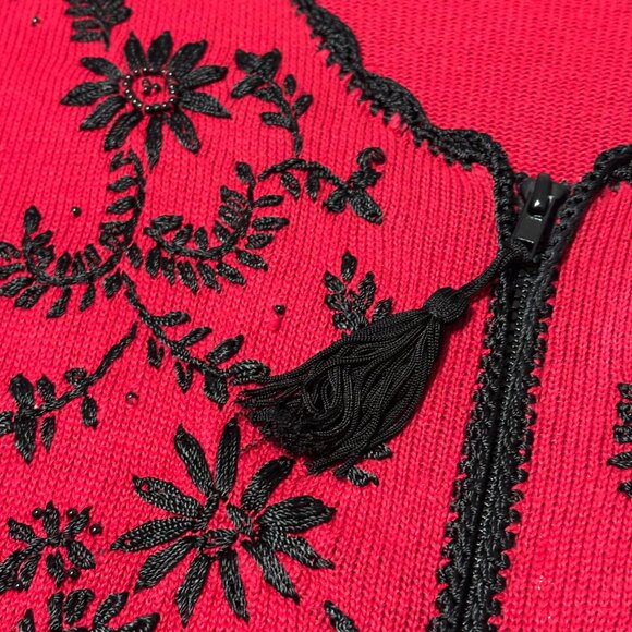 Kathie Lee Red Black Embroidered Cardigan L Ramie Cotton Vintage Grandmacore - Picture 11 of 16